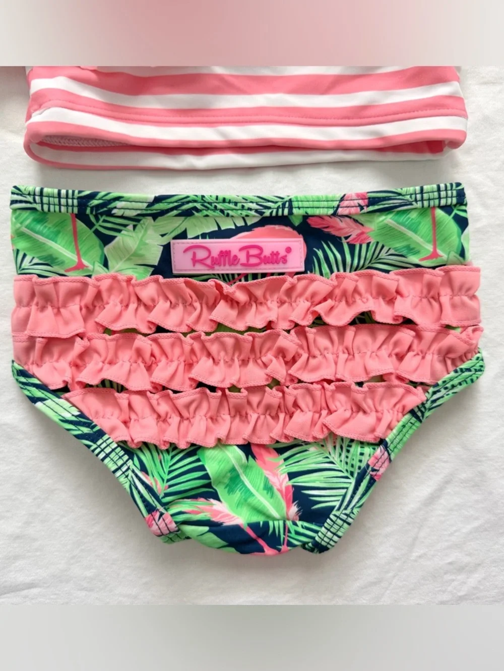 Ruffle Butts Pink Striped One-Shoulder Ruffle Bikini with Flamingo Print Bottoms
